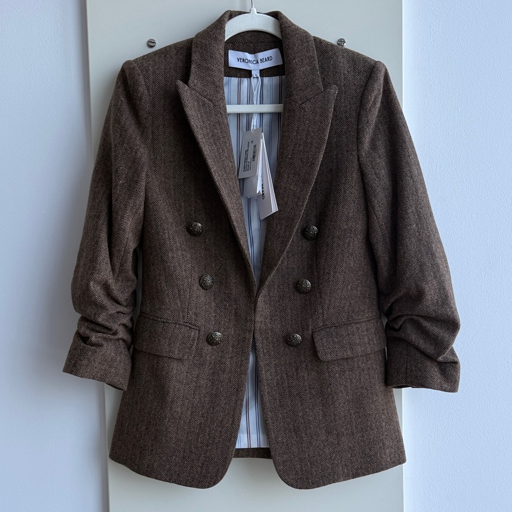 Veronica Beard Beacon Dickey Double-Breasted Blazer Camel/black
